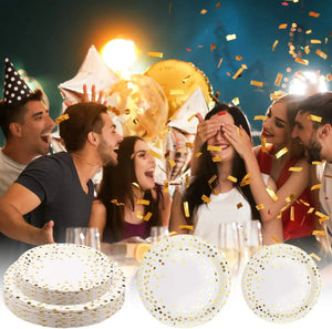 White Gold Wedding Party Supplies Disposable Dinnerware White Paper Plates Cups Gold for Baby Birthday Fathers Day collection