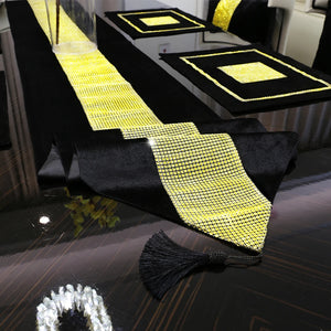 European Tassel Table Runner with Luxury Handmade Gold Rhinestone Table Runners Modern Velvet Decorative Pillowcase Napkin Black