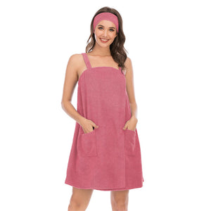 Women's Bathrobe Bath Towel Suit with Headband Sleeveless Solid Soft Plush Warm Bathrobe with pocket Sauna Hot Spring Clothes