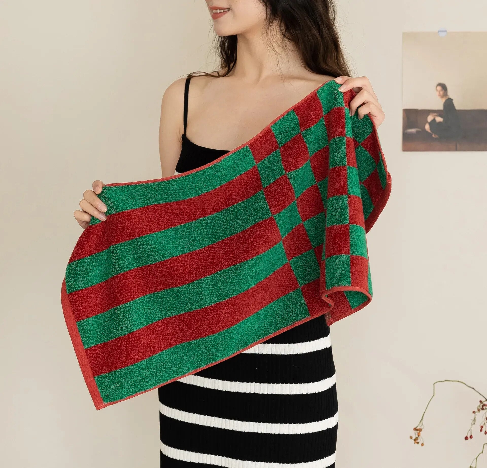 Green Red Plaid Print Bath Towel Plush Cotton Washcloths Washed Combed Cotton Soft Absorbent Luxury Bathroom Towels Drop Ship