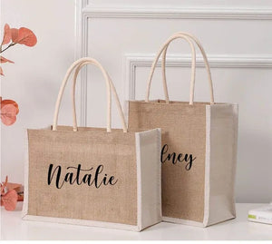 Personalized Burlap Tote Bags Custom Name Jute Bag Bridesmaid Gift Bag Bachelorette Party Monogram Beach Bag Wedding Favors Gift