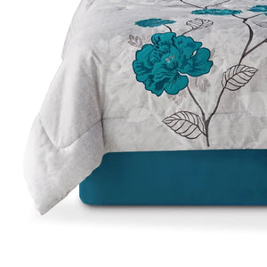 7-Piece Teal Roses Comforter Set with Dec Pillows, Bed Skirt, Full/Queen