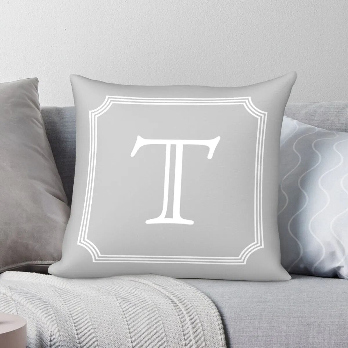 Silver Gray Stylish Elegant Monogram T Square Pillowcase Polyester Linen Velvet Pattern Zip Decor Pillow Case Sofa Cushion Cover