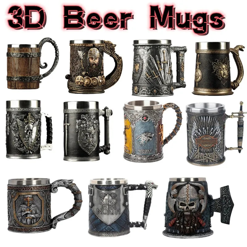 3D Beer Mugs Coffee Cups Gothic Goblet Iron Tankard Stainless Steel Resin Wine Glass Mug 600ML Skull Father's Day Gift 1 pcs