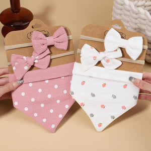 3Pcs/Set Muslin Cotton Baby Bib Newborn Bows Headband Triangle Print Saliva Towel Infant Boy Girl Feeding Burp Cloth Shower Gift