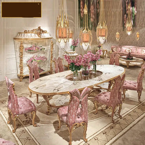 European Luxury Solid Wood Carved Large-sized Dining Tables And Chairs Combined With Shell Parquet Oval Dining Table Furniture