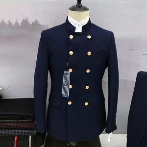 2023 New Men Suit Custom Fashion Navy Blue Double Breasted Standing Collar 2 Piece Business Wedding Daily Travel Set Slim Casual