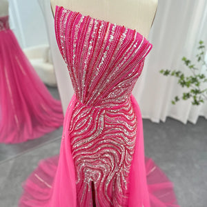 Private Custom Luxury Dubai Fuchsia Evening Dress With Overskirt Scalloped High Slit Arabic Women Wedding Party Gowns