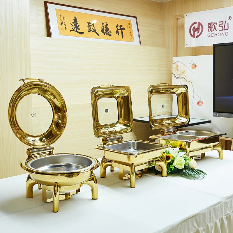 Gold Chaffing Dishes Glass Top Royal Food Warmer Commercial Buffet chaffing dish luxury for Hotel