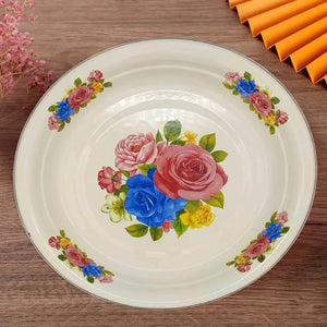 Dinner Plate Large Capacity Floral Pattern Graceful Appetizer Food Serving Enamel Dish Elegant Enamel Serving Food Plate Dish