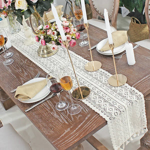 Beige Crochet Lace Table Runner with Tassel Cotton Wedding Decor Hollow Tablecloth Nordic Romance Table Cover Coffee Bed Runners