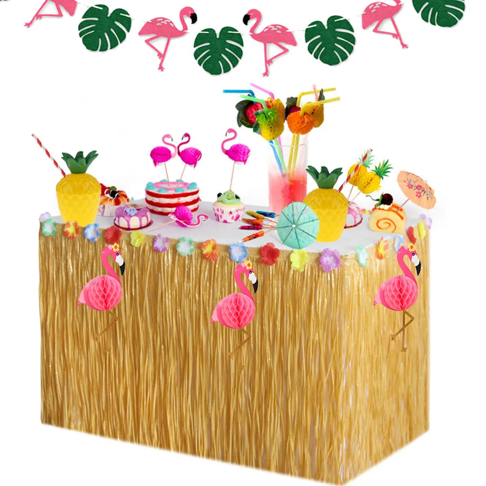 Tropical Luau Party Straw Grass Table Skirt Plastic Flower Decoration Hawaii Theme Wedding Birthday Summer Beach  Party Supplies