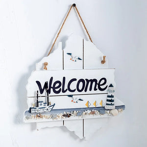 Welcome Wooden Beach Bar Sign Wall Hanging Coastal Wood Fish Ornament Bathroom WC Plaque Decoration for Home Office