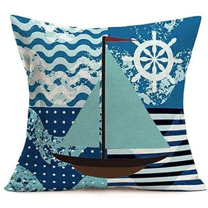 Blue ocean themed pillowcase, linen coastal cartoon, sailboat, plaid decorative cushion cover, family sofa bed pillowcase