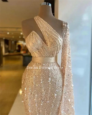 Luxury Champagne Mermaid Arab Dubai Evening Dresses Sequin Beaded One Shoulder Long Sleeve Feather Porm Dress vestidos de noche