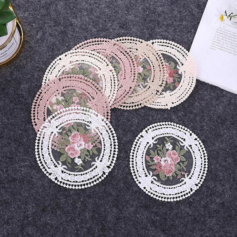 Vintage European Flowers Lace Embroidered Placemat Elegant Round Tablecloth Coffee Coasters Napkin Party Wedding Decoration