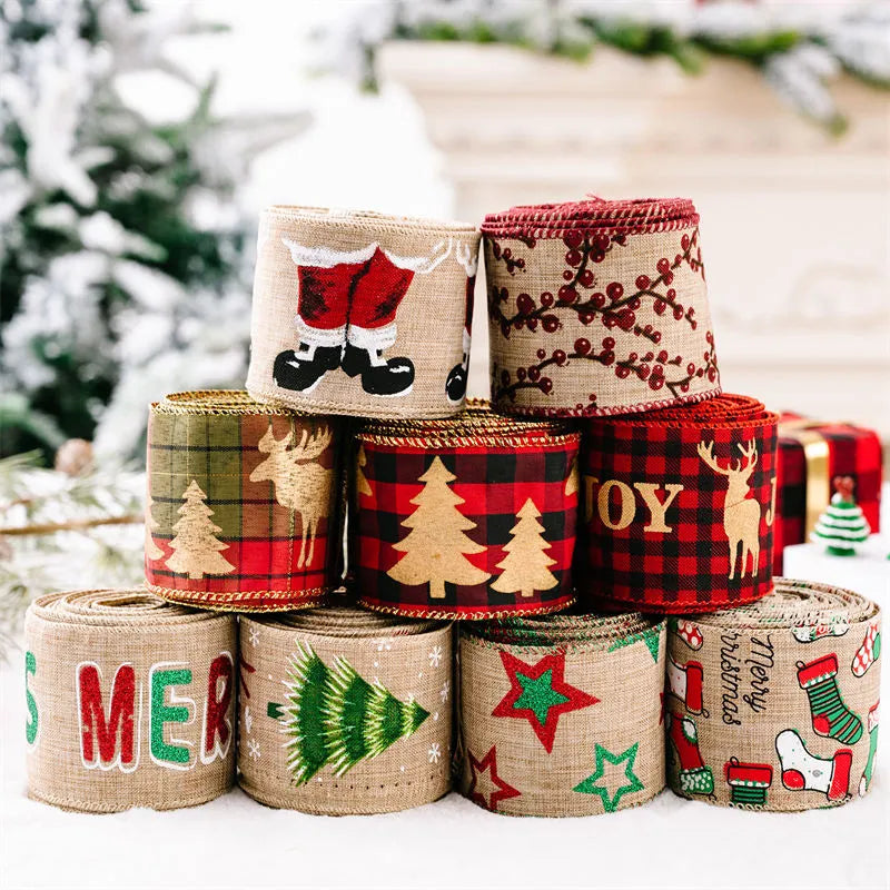 5M/Roll Christmas Decoration Ribbon Printed Jute Ribbon DIY Bow Knot Cartoon Sticker Color Stripe Gift Box Packaging Supplies