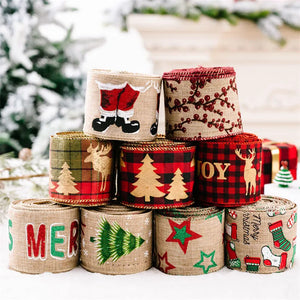 5M/Roll Christmas Decoration Ribbon Printed Jute Ribbon DIY Bow Knot Cartoon Sticker Color Stripe Gift Box Packaging Supplies