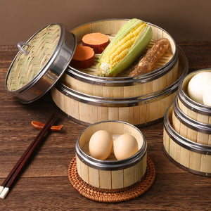 Bamboo Braided Steamer with Cover Rice Cooker Steaming Grid for Meals Dumplings Basket Steam Pot Cage Kitchen Cooking Utensils