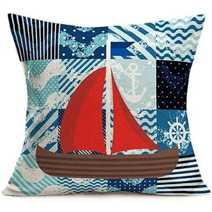 Blue ocean themed pillowcase, linen coastal cartoon, sailboat, plaid decorative cushion cover, family sofa bed pillowcase