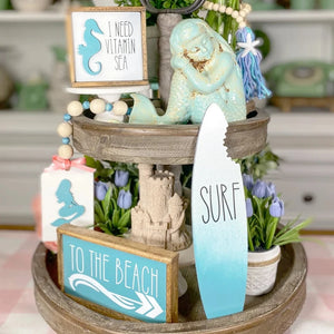 Wooden Beach Mermaid Theme Sign Tiered Tray Decoration Wood Seaside Figurines Plaque Coastal Bar Decoration Desk Ornaments