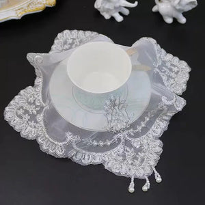 Luxury Beading Lace Embroidered Placemat Elegant Vintage Square Tablecloth Coffee Coasters Napkin Party Wedding Decoration