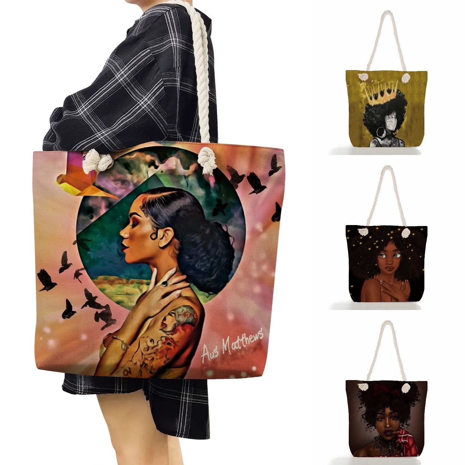 African Girl Painting Handbags Groceries Tote Bag Casual Foldable Eco Reusable Shopping Bag Women Shoulder Bags Travel Beach Bag