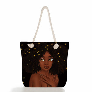 African Girl Painting Handbags Groceries Tote Bag Casual Foldable Eco Reusable Shopping Bag Women Shoulder Bags Travel Beach Bag