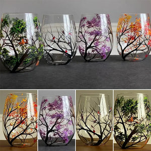 New Four Seasons Trees Wine Glasses Creative Printed High Legged Glass Cup For Wine Beer Cocktail Large Capacity Glass Cup Set