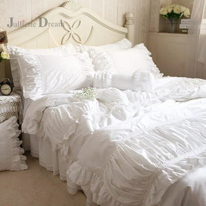 Top Luxury White European Bedding White Ruffle Comforter cover White Bedding Holiday Bedding Lace Cotton Bedding Set Queen