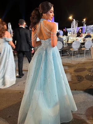 Jirocum Luxurious Sequin Prom Dress Women's Halter Neck Sparkling Mermaid Formal Party Evening Gown Floor Length Organza Dubai