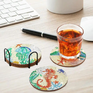 8pcs Gem Dot Coasters Wooden Absorbent Coasters Gem Art Coasters Kits Coastal Beach Theme Cup Holder Set For Home Kitchen Decor