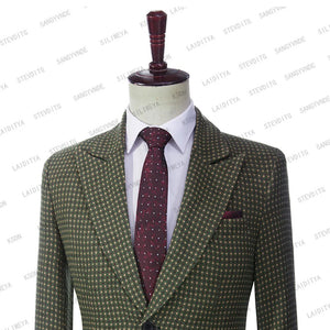 2023 New Groom Wedding Dress Summer Party High End Green Linen Yellow Red Dots Custom Slim Fit Men Suits 2 Pcs Set Jacket Pants