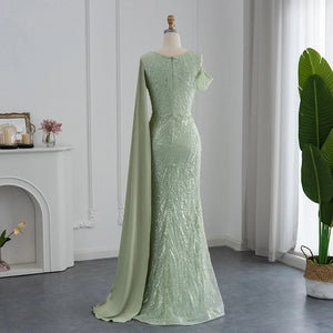 2023 Green Mermaid Luxury New Evening Dress With Cape Sleeve Formal Prom Dress Sweetheart Elegant One Shoulder Dubai Party Gowns