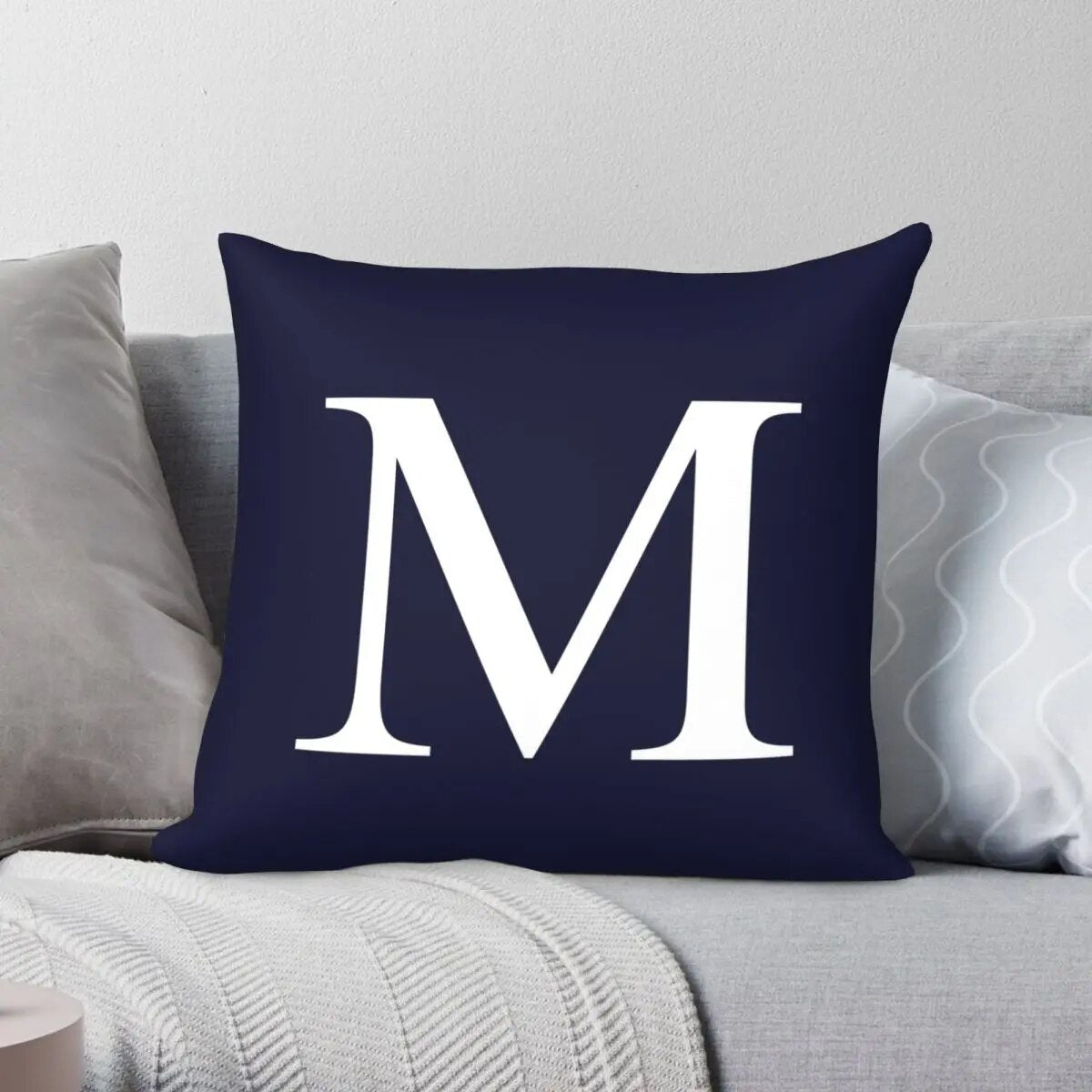 Navy Blue Basic Monogram M Pillowcase Polyester Linen Velvet Pattern Zip Decor Car Cushion Cover Wholesale