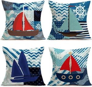 Blue ocean themed pillowcase, linen coastal cartoon, sailboat, plaid decorative cushion cover, family sofa bed pillowcase