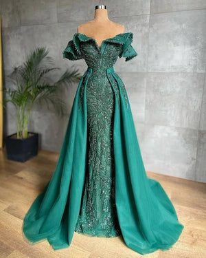 Kiss Dress Luxury Green Sequin Beaded Mermaid Evening Gowns V-Neck Off Shoulder Arab Dubai Satin فساتين السهرة Porm Dresses 2023