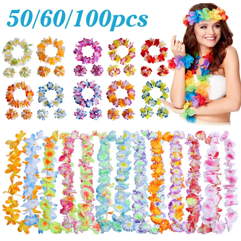 40-100pcs Hawaiian Party Artificial Flowers leis Garland Necklace Headband Garlands Beach Tropical Party Supplies Wedding Decor