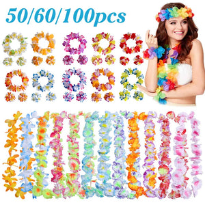 40-100pcs Hawaiian Party Artificial Flowers leis Garland Necklace Headband Garlands Beach Tropical Party Supplies Wedding Decor