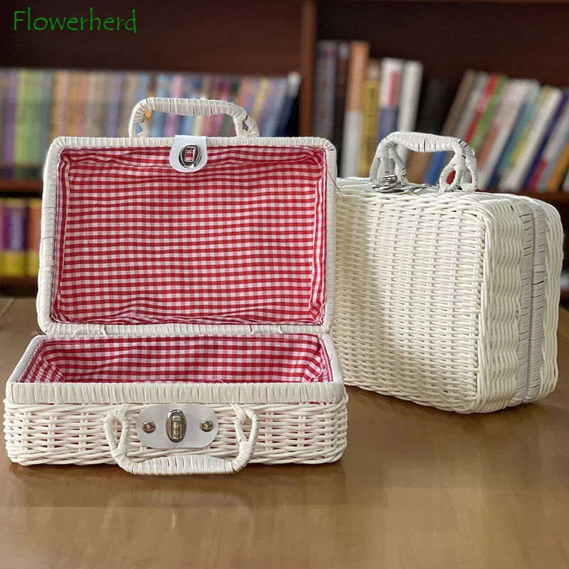 Woven Rattan Suitcase with Hand Gift Box Rattan Cosmetic Storage Box Wicker Rattan Picnic Laundry Baskets Home Storage Baskets