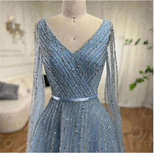 Luxury Blue Shiny Dubai Evening Dress Beads With Cape Sleeves Arabic Formal Dresses Party Prom Dress فساتين للحفلات الراقصة