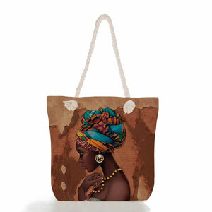 African Girl Painting Handbags Groceries Tote Bag Casual Foldable Eco Reusable Shopping Bag Women Shoulder Bags Travel Beach Bag