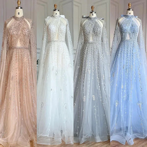 Dubai Arab Luxury Evening Gowns Open Sleeve A-line High Neck Applique Beaded Women's Wedding Gowns Formal Occasion Dresses