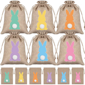 24pcs/Set Happy Easter Small Bags For Gift Bunny Burlap Candy Bags With Drawstring Linen Storage Bags Easter Party Favors Decor