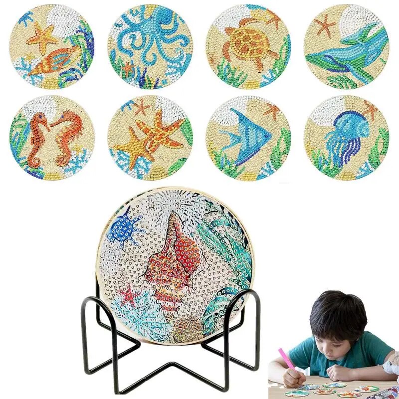 8pcs Gem Dot Coasters Wooden Absorbent Coasters Gem Art Coasters Kits Coastal Beach Theme Cup Holder Set For Home Kitchen Decor