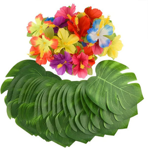 Tropical Monstera Palm Leaves Hibiscus Flower Hawaiian Luau Leaves Tropical Party Jungle Beach Table Decoration Wedding Birthday