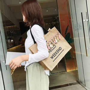 Buylor 2022 Summer Linen Totes Bags for Women Shoulder Bag Beach Burlap Bags Handbags Large Capacity Tassel Travel Shopping Bag