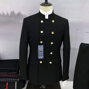 2023 New Men Suit Custom Fashion Navy Blue Double Breasted Standing Collar 2 Piece Business Wedding Daily Travel Set Slim Casual