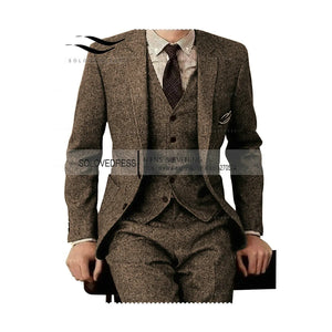 Brown Tweed Men Suits 3 Pieces Formal Business Suit Set Custom Gentle-Mens Groom Wedding Dress Blazer Suits(Jacket+Pants+Vest)