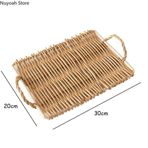 Japanese Rattan Tray Gourmet Photography Props Nordic Hand-woven Handle Tray Dining Table Storage Tray Living Room Decoration